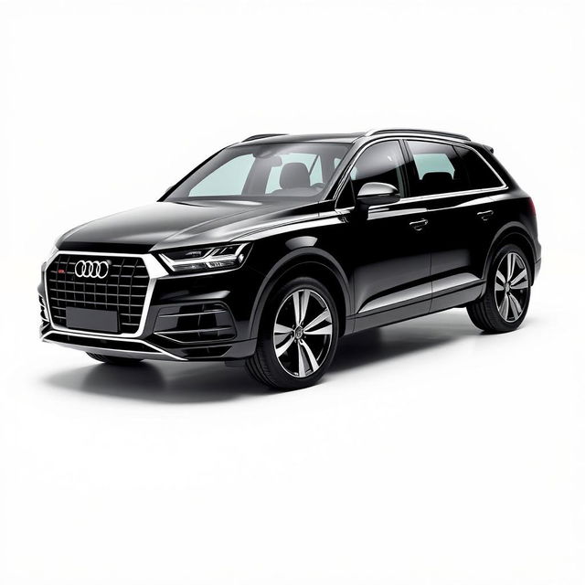 A sleek, totally black Audi Q7 viewed from the side, showcasing its elegant and modern design features, such as its sharp lines, distinctive grille, and striking wheels