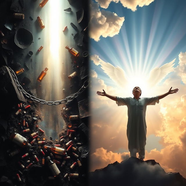 A stunning and dramatic representation of the transformation from addiction to divine intervention