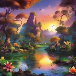 Fantastical landscape at sunset, where the surreal and the natural blend harmoniously