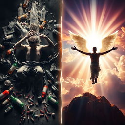 A stunning and dramatic representation of the transformation from addiction to divine intervention