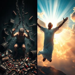 A stunning and dramatic representation of the transformation from addiction to divine intervention