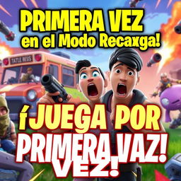 A captivating thumbnail for a Fortnite video titled 'Primera Vez en el Modo Recarga'