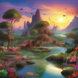 Fantastical landscape at sunset, where the surreal and the natural blend harmoniously