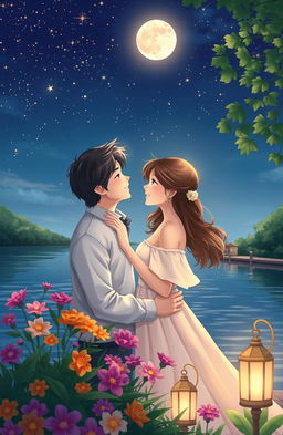 A heartwarming and romantic scene depicting a couple sharing a loving moment under a starlit sky adorned with twinkling stars