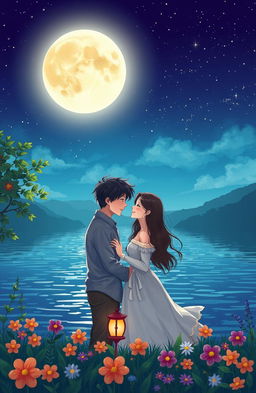 A heartwarming and romantic scene depicting a couple sharing a loving moment under a starlit sky adorned with twinkling stars