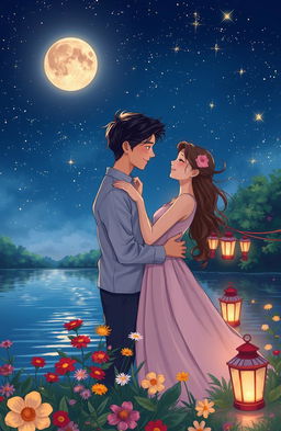 A heartwarming and romantic scene depicting a couple sharing a loving moment under a starlit sky adorned with twinkling stars