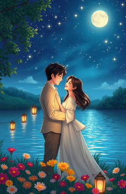 A heartwarming and romantic scene depicting a couple sharing a loving moment under a starlit sky adorned with twinkling stars