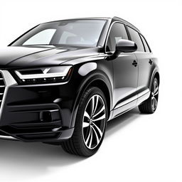 A sleek, totally black Audi Q7 showcased on a pristine white background, captured in a full side view