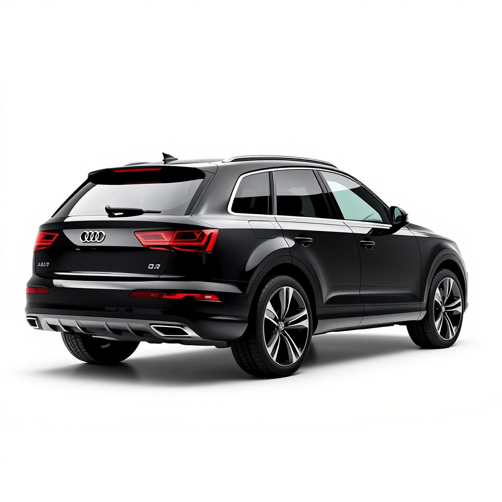 A sleek, totally black Audi Q7 showcased on a pristine white background, captured in a full side view