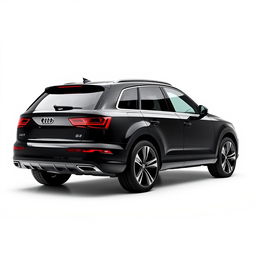 A sleek, totally black Audi Q7 showcased on a pristine white background, captured in a full side view