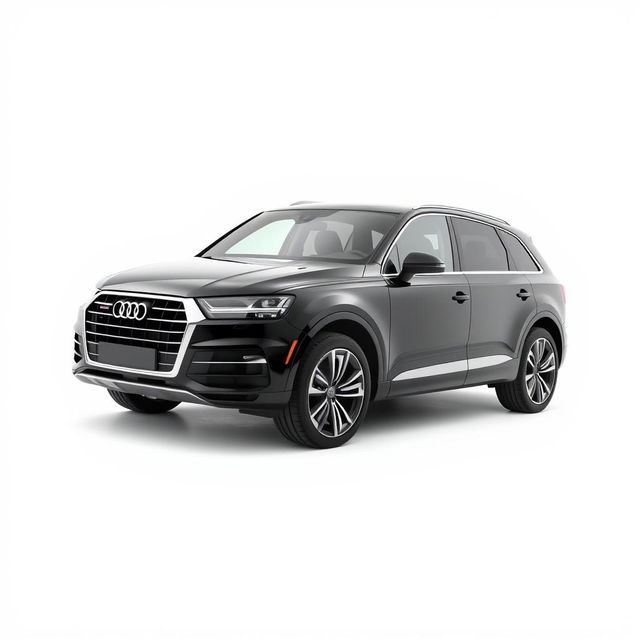 A sleek, totally black Audi Q7 showcased on a pristine white background, captured in a full side view