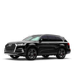 A sleek, totally black Audi Q7 showcased on a pristine white background, captured in a full side view