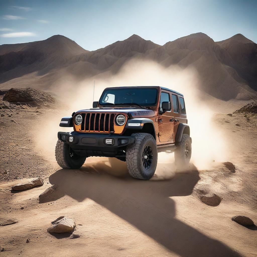 A Jeep Wrangler JL, expertly maneuvering over a large, rocky incline within a sun-bathed desert landscape