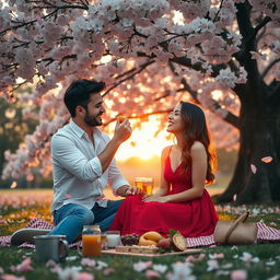 A romantic and heartwarming scene depicting a couple enjoying a peaceful picnic under a large, blooming cherry blossom tree