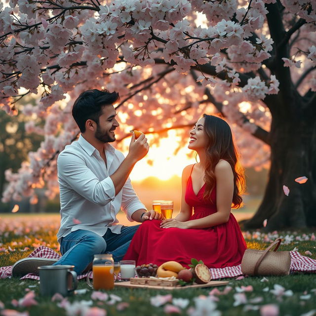 A romantic and heartwarming scene depicting a couple enjoying a peaceful picnic under a large, blooming cherry blossom tree