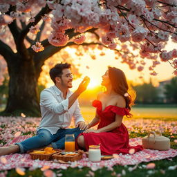 A romantic and heartwarming scene depicting a couple enjoying a peaceful picnic under a large, blooming cherry blossom tree