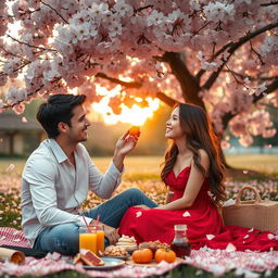 A romantic and heartwarming scene depicting a couple enjoying a peaceful picnic under a large, blooming cherry blossom tree