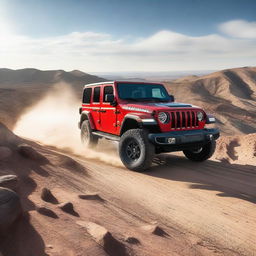 A Jeep Wrangler JL, expertly maneuvering over a large, rocky incline within a sun-bathed desert landscape