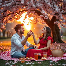 A romantic and heartwarming scene depicting a couple enjoying a peaceful picnic under a large, blooming cherry blossom tree