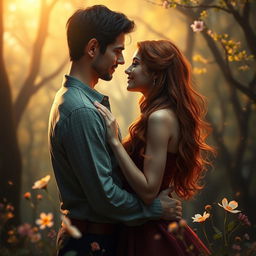 A passionate scene symbolizing forbidden love, featuring a couple in a tender embrace, surrounded by a lush, mysterious forest