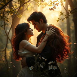A passionate scene symbolizing forbidden love, featuring a couple in a tender embrace, surrounded by a lush, mysterious forest