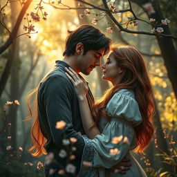 A passionate scene symbolizing forbidden love, featuring a couple in a tender embrace, surrounded by a lush, mysterious forest