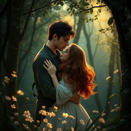 A passionate scene symbolizing forbidden love, featuring a couple in a tender embrace, surrounded by a lush, mysterious forest