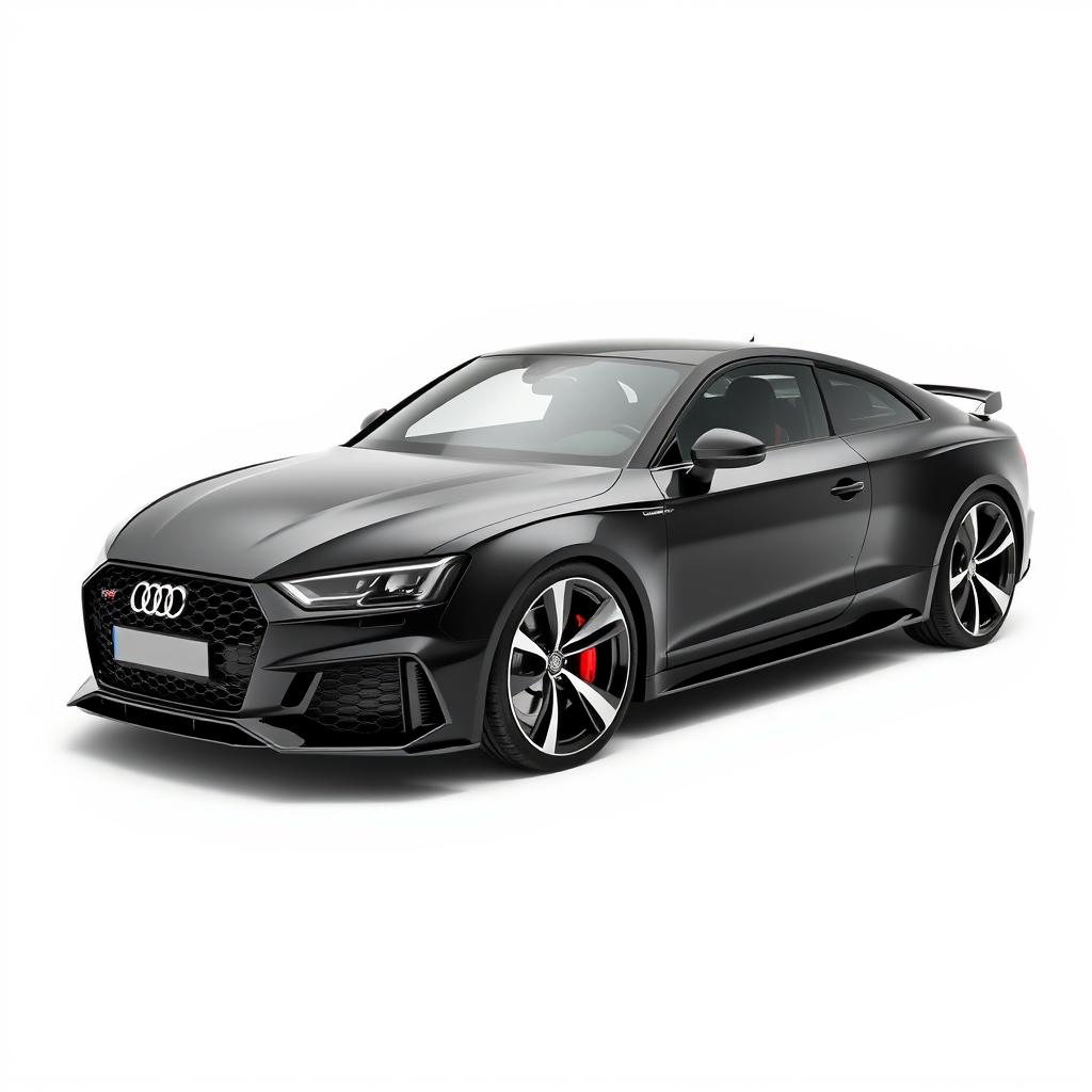 A sleek, totally black Audi RS sports car shown in full side view, with a glossy finish that reflects the light subtly