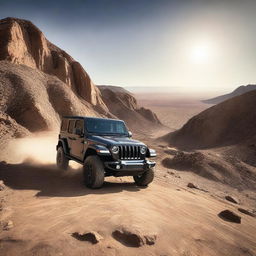 A Jeep Wrangler JL, expertly maneuvering over a large, rocky incline within a sun-bathed desert landscape