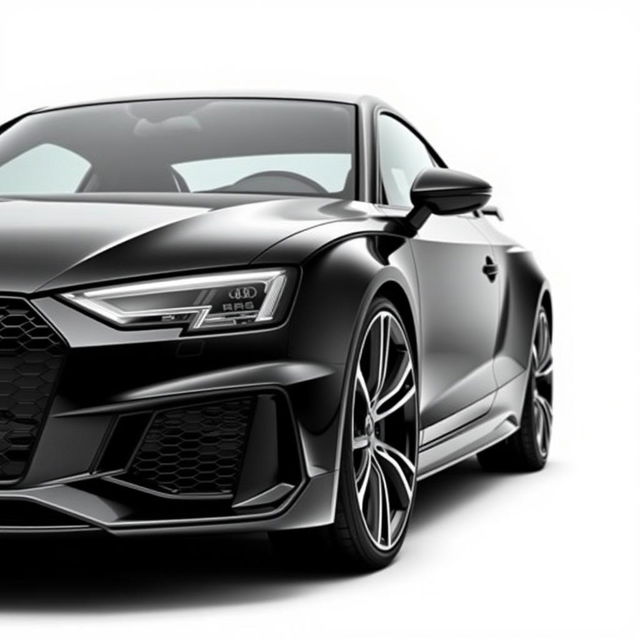 A sleek, totally black Audi RS sports car shown in full side view, with a glossy finish that reflects the light subtly