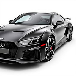 A sleek, totally black Audi RS sports car shown in full side view, with a glossy finish that reflects the light subtly