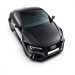 A sleek, totally black Audi RS sports car shown in full side view, with a glossy finish that reflects the light subtly