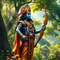 A majestic depiction of Lord Ram, the hero of the ancient Indian epic Ramayana, standing tall in a lush forest setting