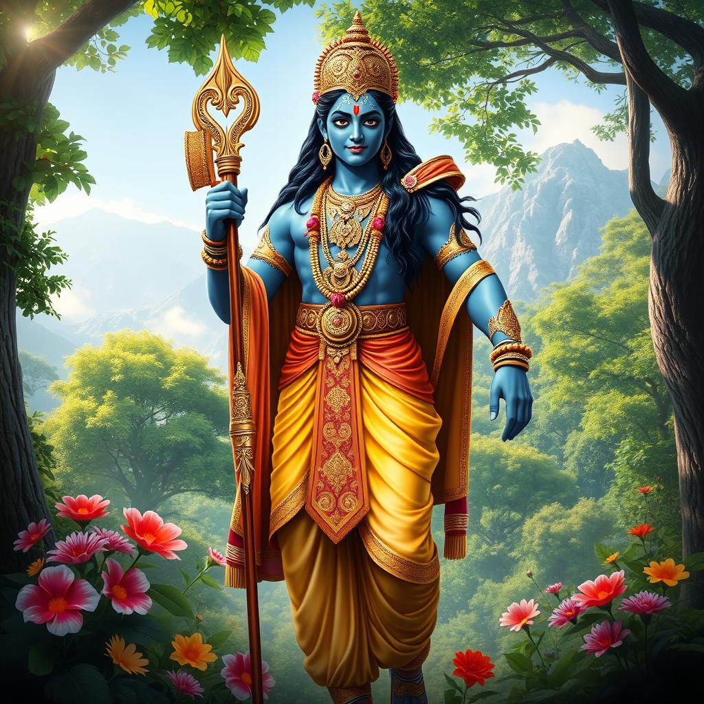 A majestic depiction of Lord Ram, the hero of the ancient Indian epic Ramayana, standing tall in a lush forest setting