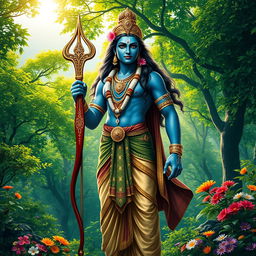 A majestic depiction of Lord Ram, the hero of the ancient Indian epic Ramayana, standing tall in a lush forest setting