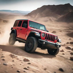 A Jeep Wrangler JL, expertly maneuvering over a large, rocky incline within a sun-bathed desert landscape