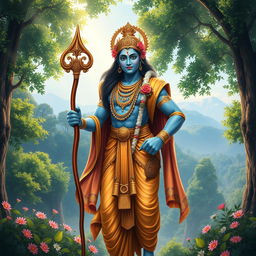 A majestic depiction of Lord Ram, the hero of the ancient Indian epic Ramayana, standing tall in a lush forest setting