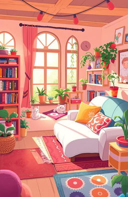 A whimsical and colorful illustration of a cozy home scene called "Kotipoti" filled with vibrant decorations