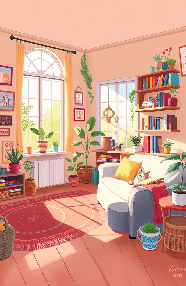 A whimsical and colorful illustration of a cozy home scene called "Kotipoti" filled with vibrant decorations