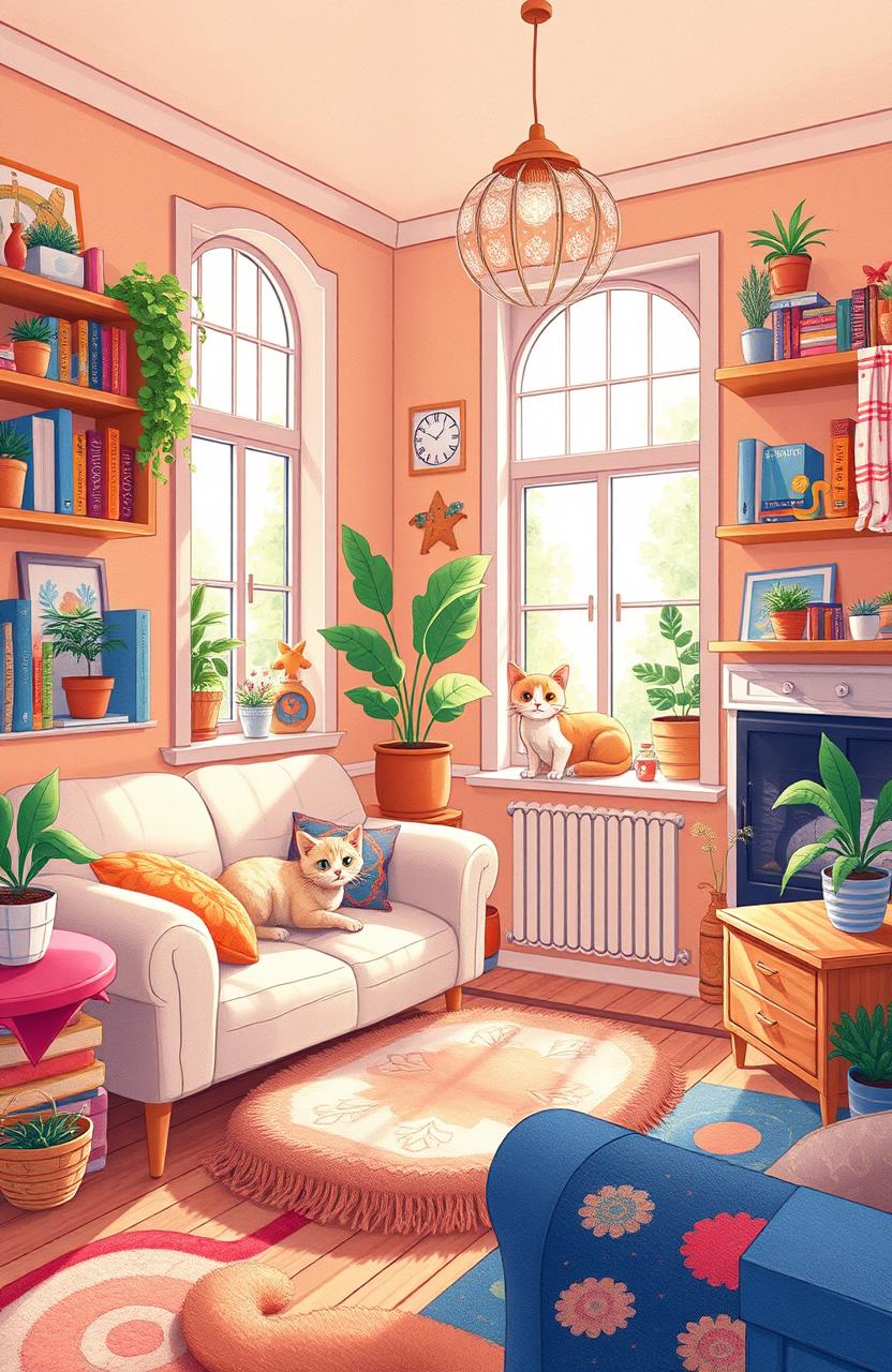 A whimsical and colorful illustration of a cozy home scene called "Kotipoti" filled with vibrant decorations