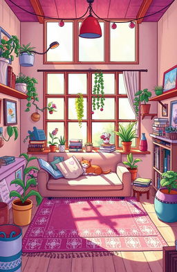 A whimsical and colorful illustration of a cozy home scene called "Kotipoti" filled with vibrant decorations