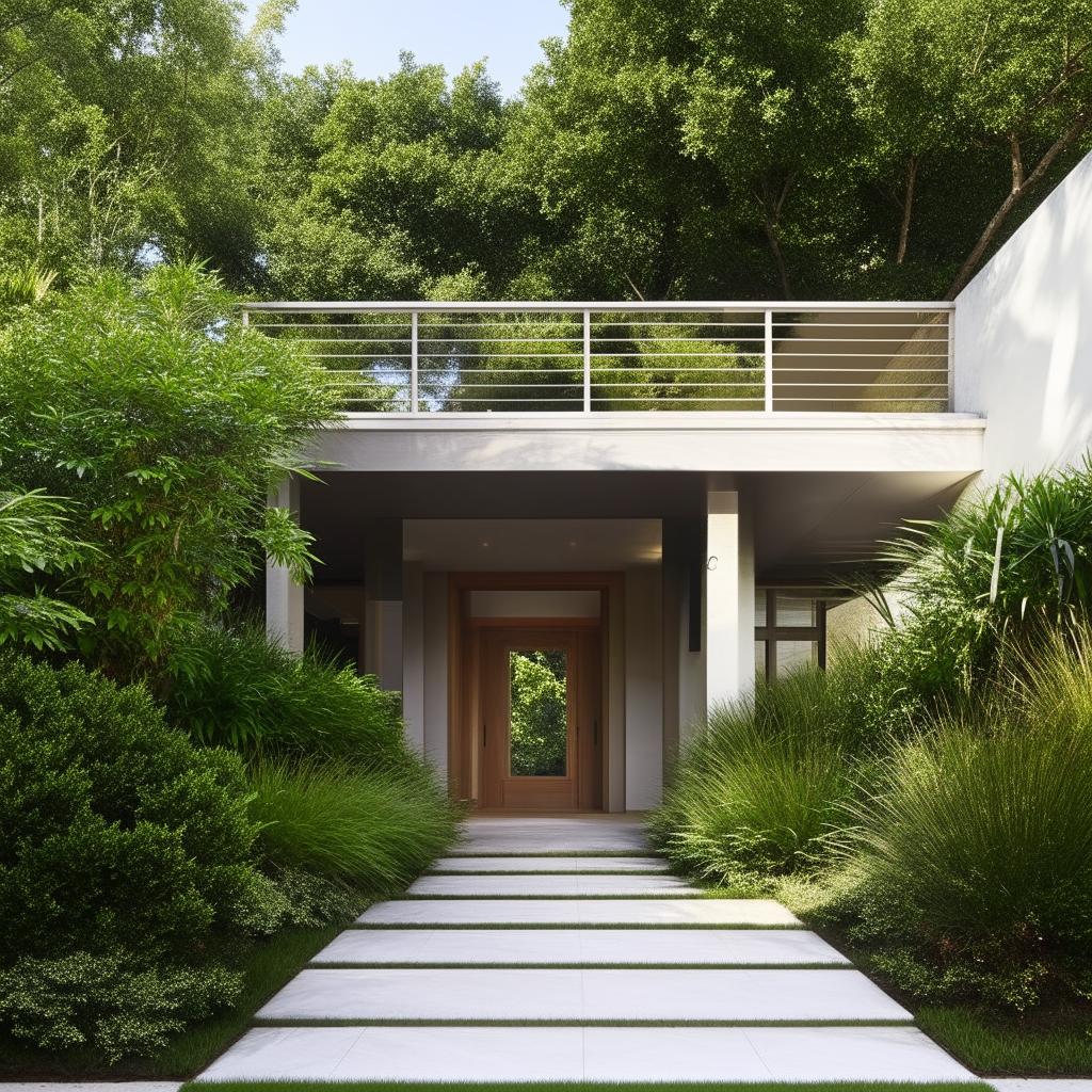 An exterior view of a beautiful house featuring an outdoor staircase. The architecture and design details are impeccable, complemented by lush landscaping.