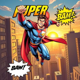 A dynamic comic book cover featuring a superhero in action, showcasing a muscular male hero in a vibrant blue and red costume with a flowing cape