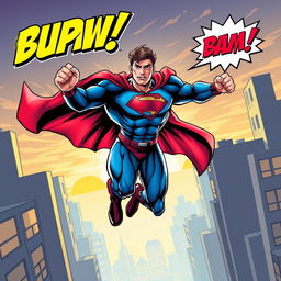 A dynamic comic book cover featuring a superhero in action, showcasing a muscular male hero in a vibrant blue and red costume with a flowing cape