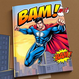 A dynamic comic book cover featuring a superhero in action, showcasing a muscular male hero in a vibrant blue and red costume with a flowing cape