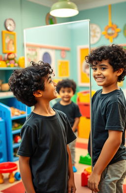 In a brightly colored playroom filled with toys and playful decor, a 16-year-old boy with curly black hair stands in front of a large mirror