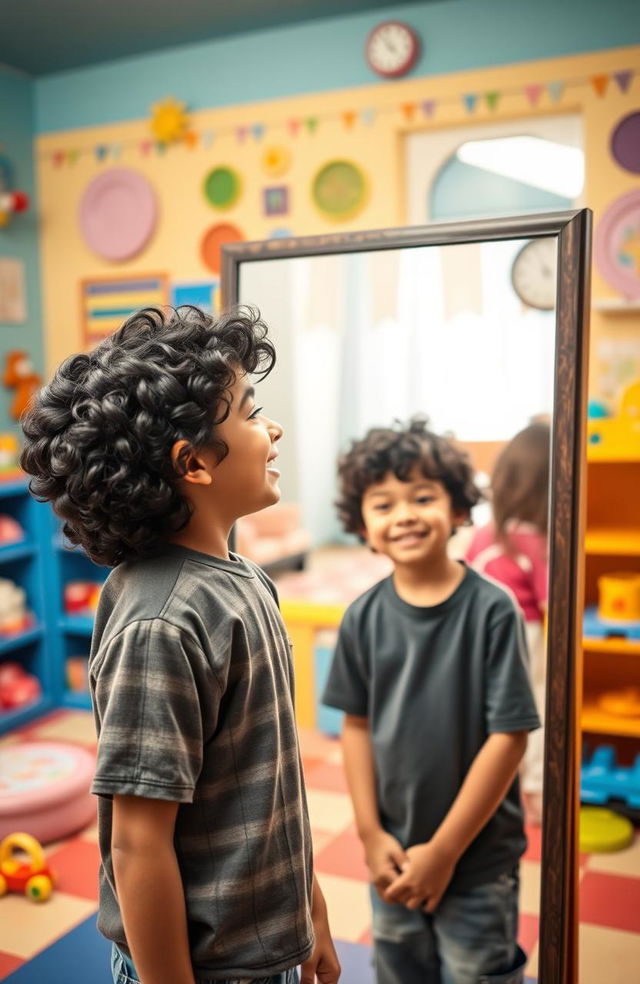 In a brightly colored playroom filled with toys and playful decor, a 16-year-old boy with curly black hair stands in front of a large mirror