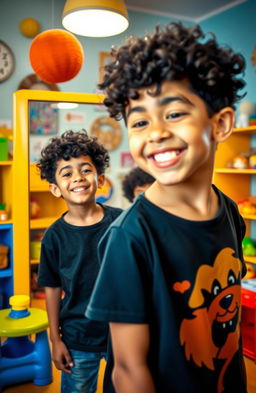 In a brightly colored playroom filled with toys and playful decor, a 16-year-old boy with curly black hair stands in front of a large mirror