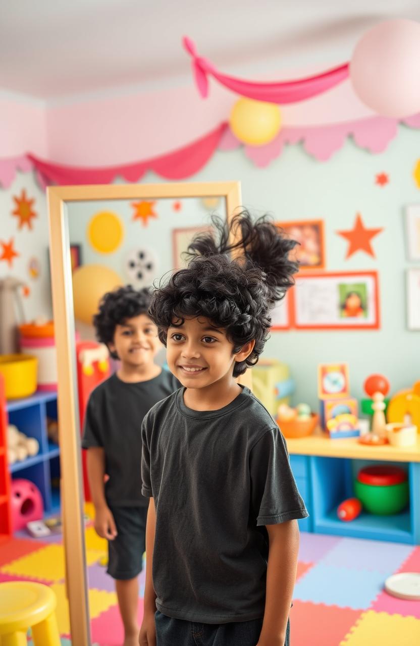 In a brightly colored playroom filled with toys and playful decor, a 16-year-old boy with curly black hair stands in front of a large mirror