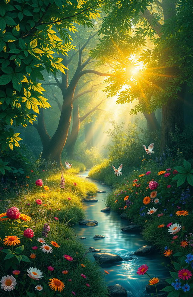 A serene and mystical landscape depicting an enchanting forest filled with vibrant colors